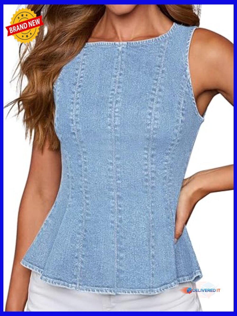 Denim Peplum Tank Top, Stretch Sleeveless Blouse with Back Zipper